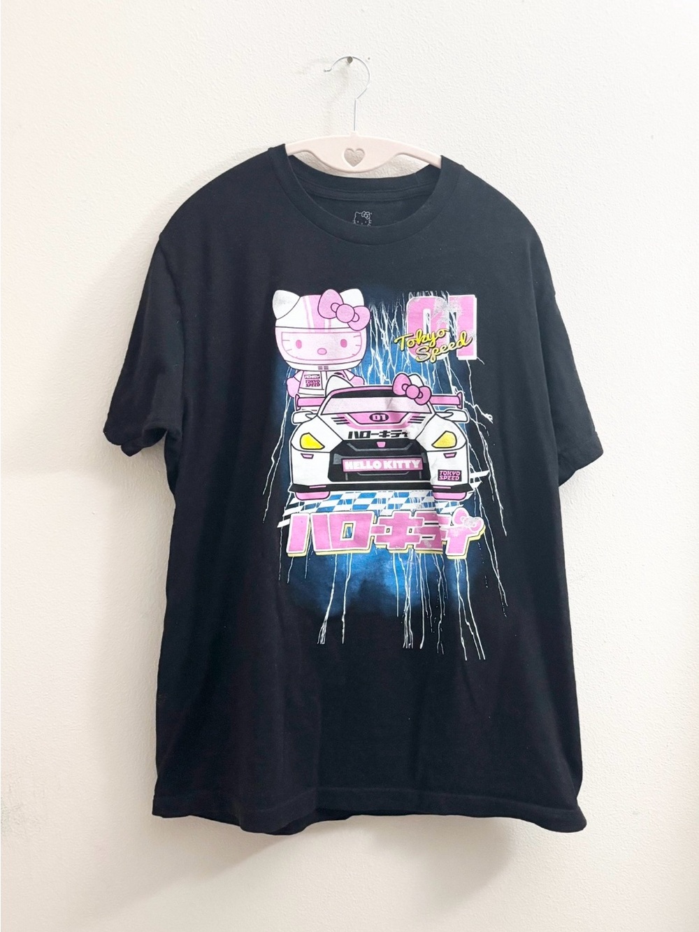 5/$15 🩷 MUST BUNDLE Hello Kitty Black Tee with Pink and Blue Racing Graphic